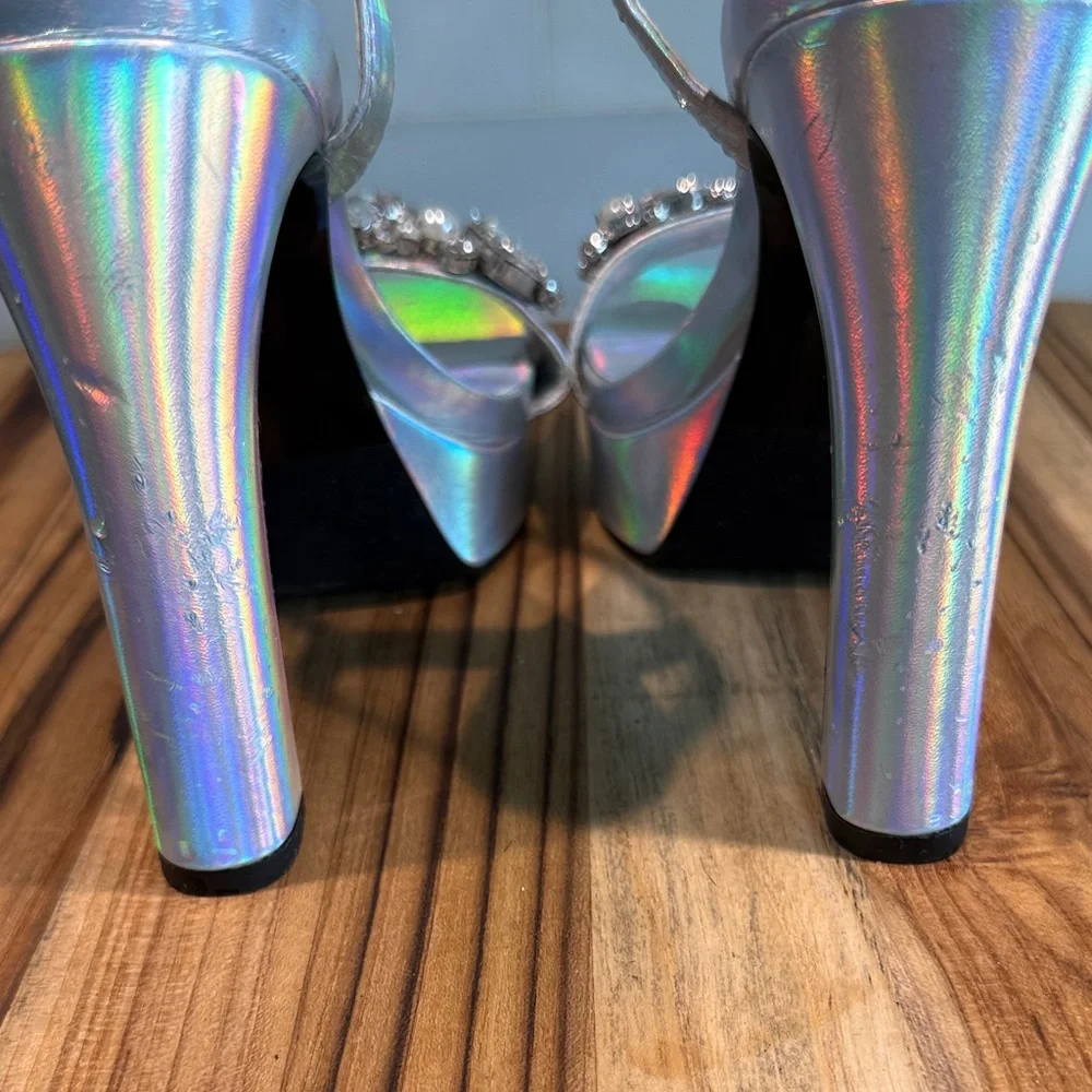 Karl Lagerfeld Holographic Jeweled Platform Sandals - Silver